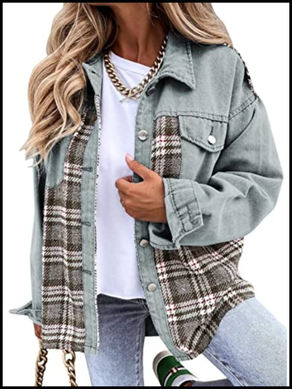 SHEWIN Women's Oversized Plaid Denim Jacket Button Down
